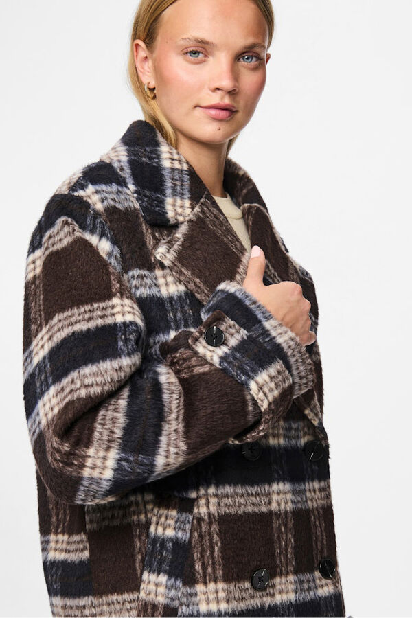 Pieces Abrigo pa&ntilde;o cuadros solapas marr&oacute;n