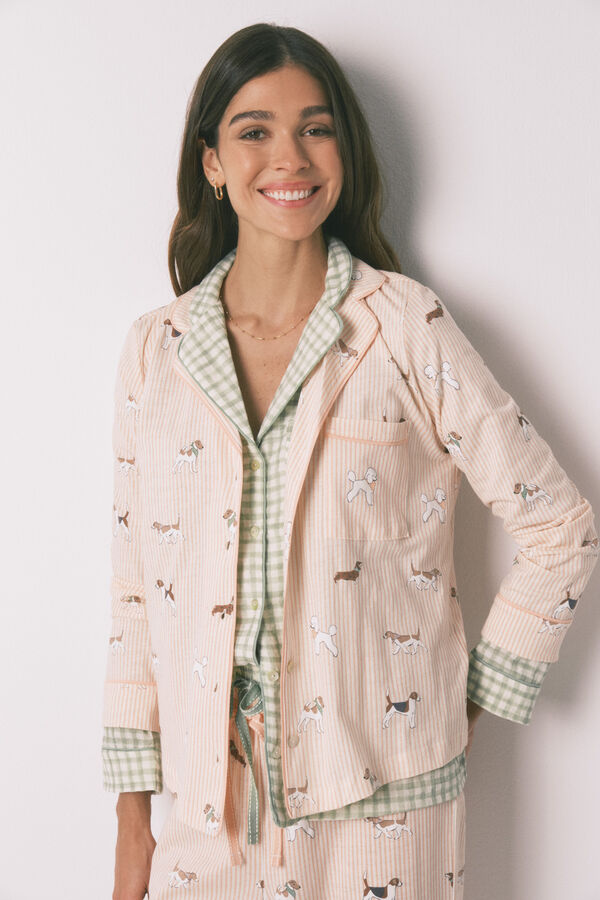 Women'secret Pijama camisero largo 100% algod&oacute;n estampado rayas y perritos naranja