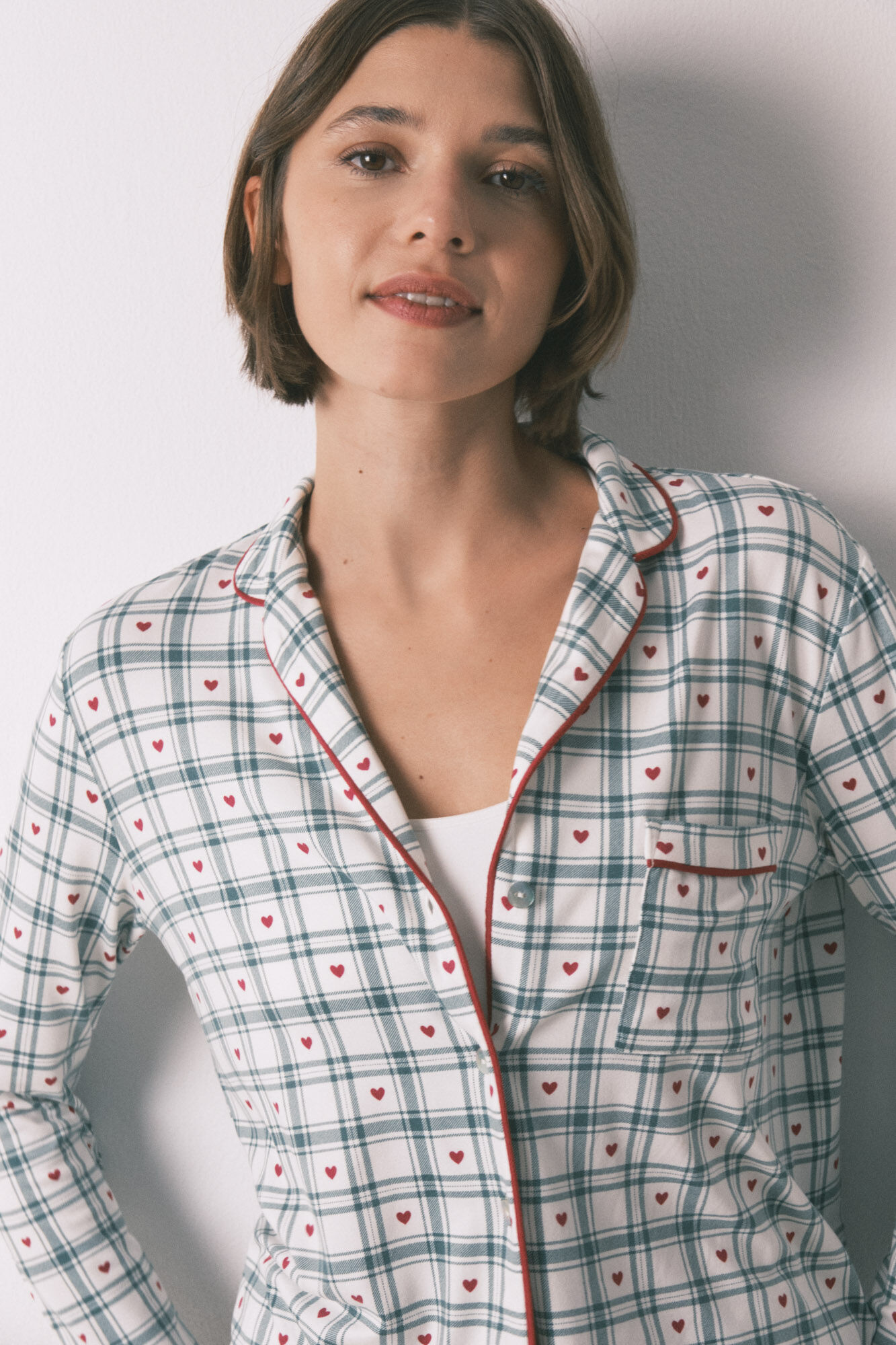 Women'secret Pijama camisero largo estampado cuadros verde