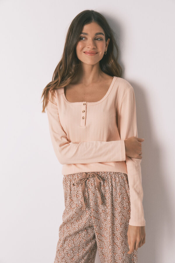 Women'secret Pijama largo algod&oacute;n estampado flores rosa naranja