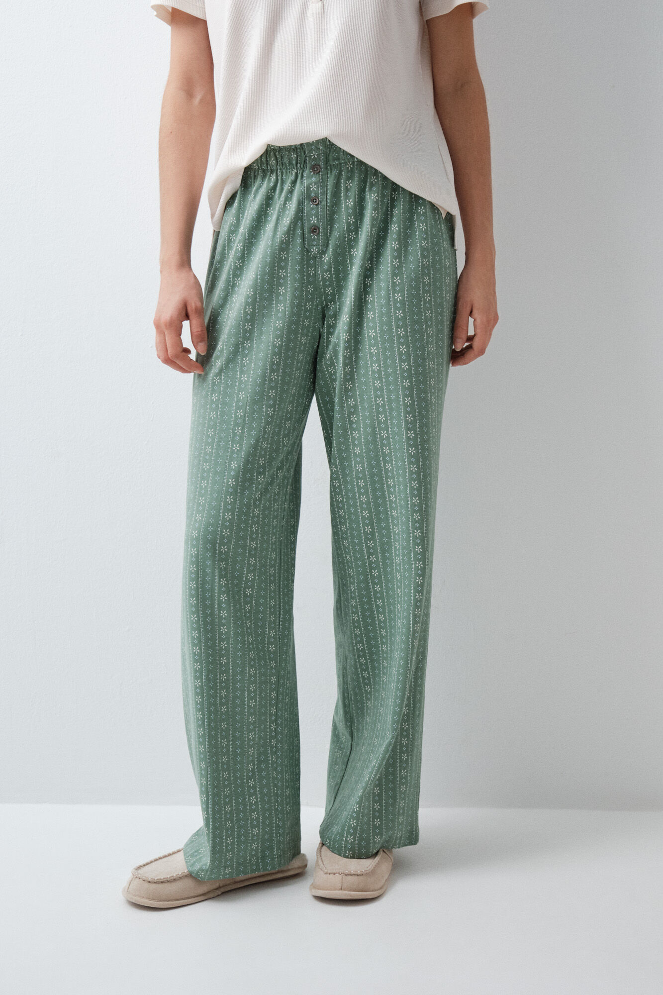 Women'secret Pantal&oacute;n largo algod&oacute;n flores verde