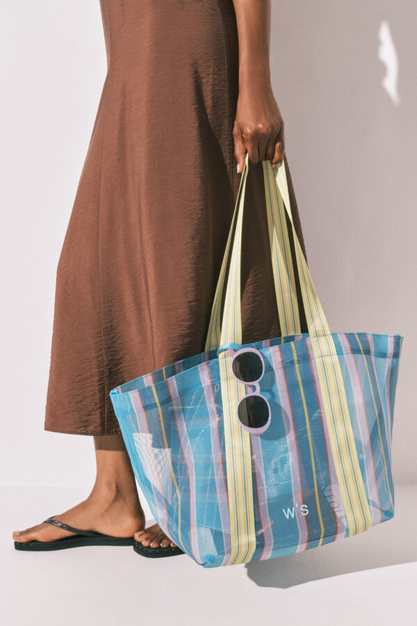 Women'secret Bolso grande mesh rayas azul y verde estampado
