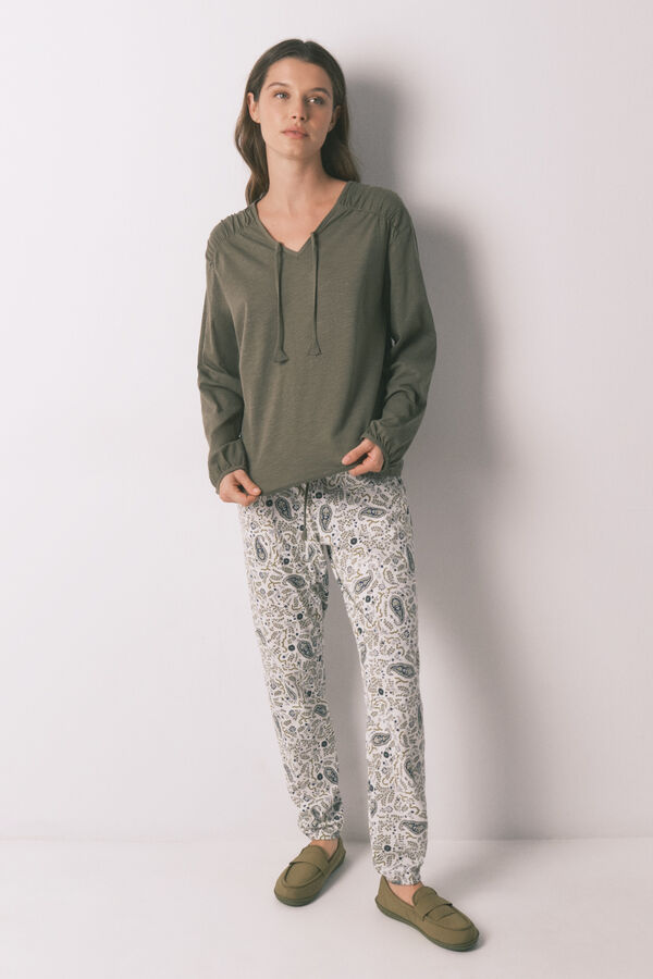 Women'secret Camiseta manga larga algod&oacute;n frunce verde kaki