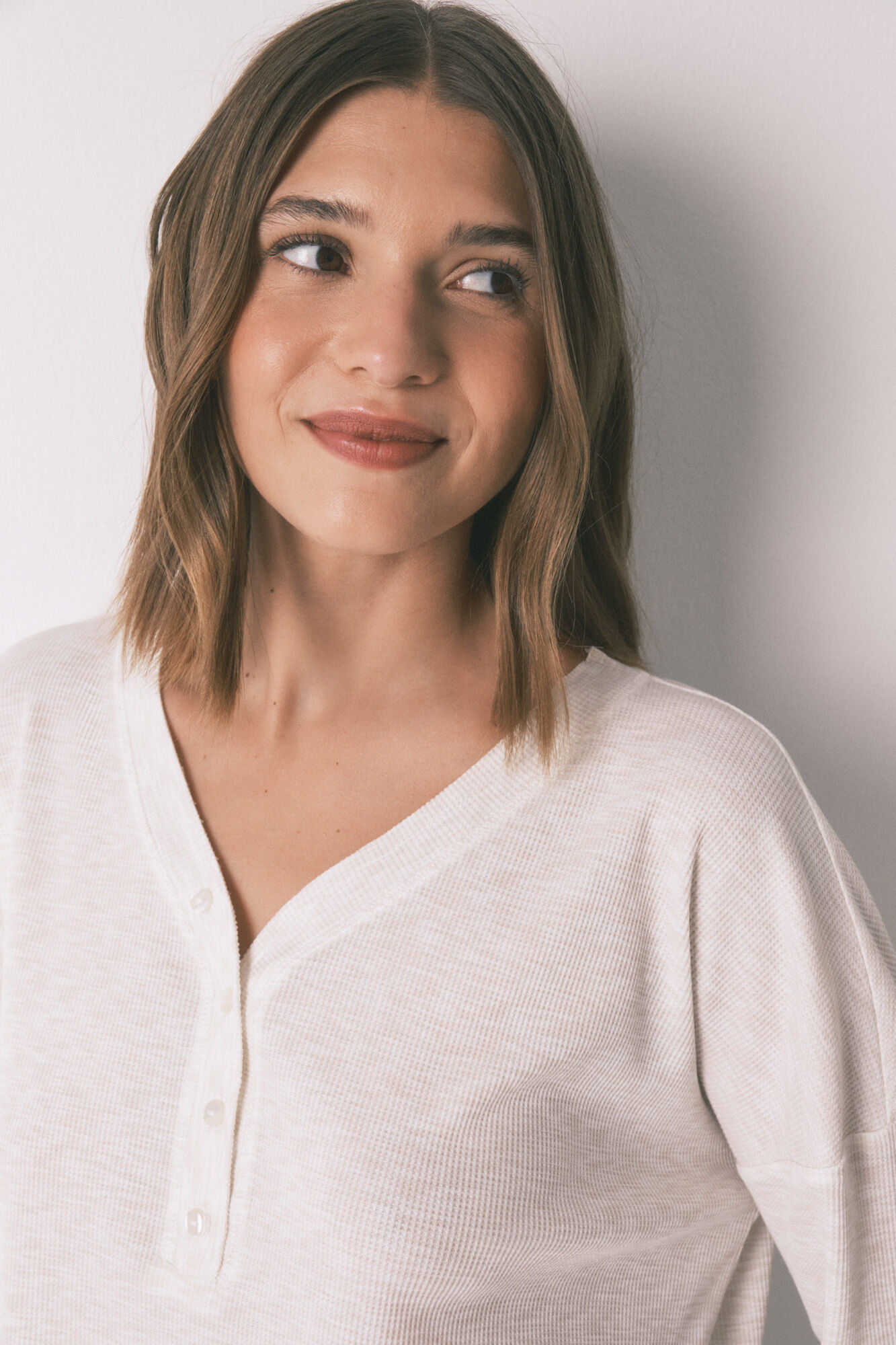 Women'secret Camiseta manga larga waffle marfil