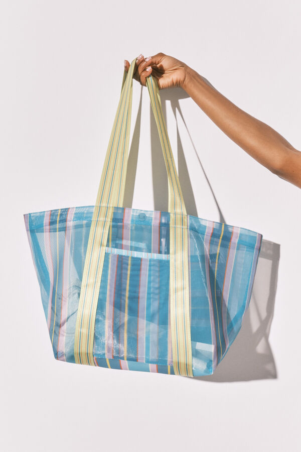 Women'secret Bolso grande mesh rayas azul y verde estampado