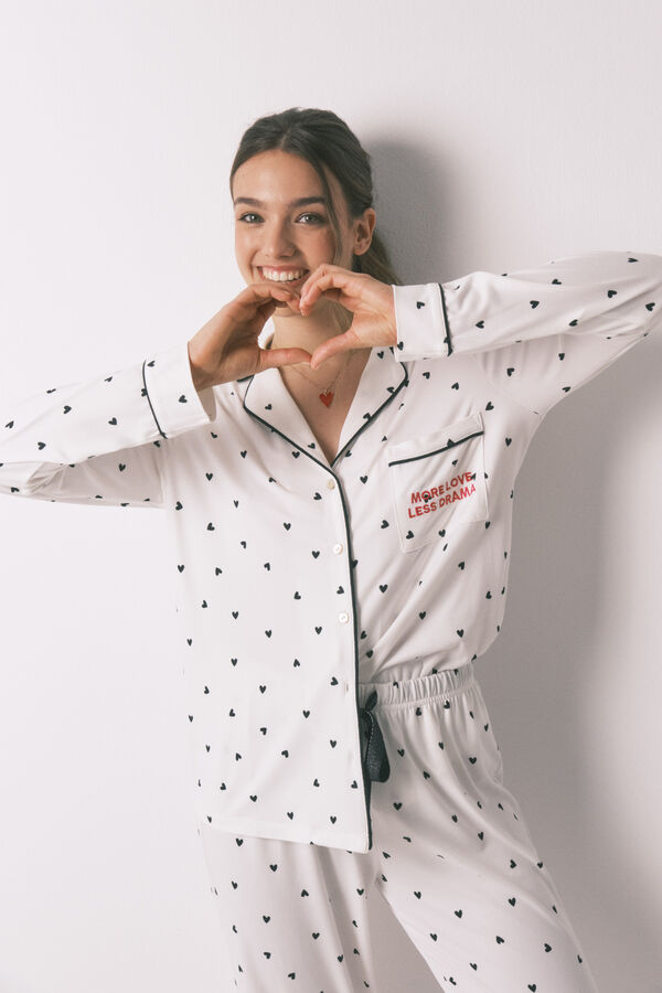 Women'secret Pijama camisero largo estampado corazones blanco