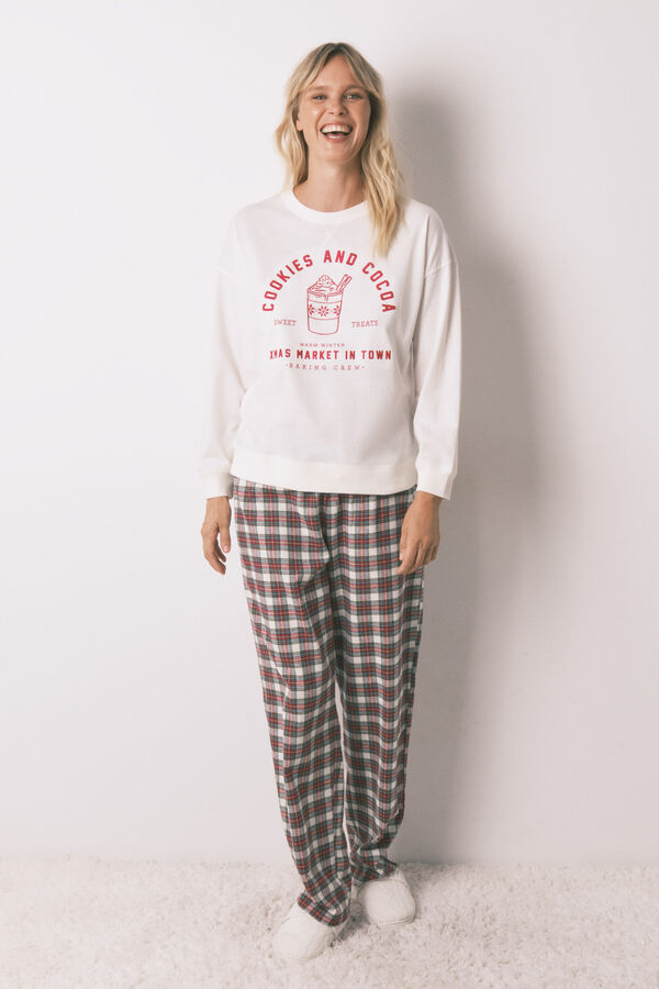 Women'secret Pijama largo 100% algod&oacute;n cuadros marfil