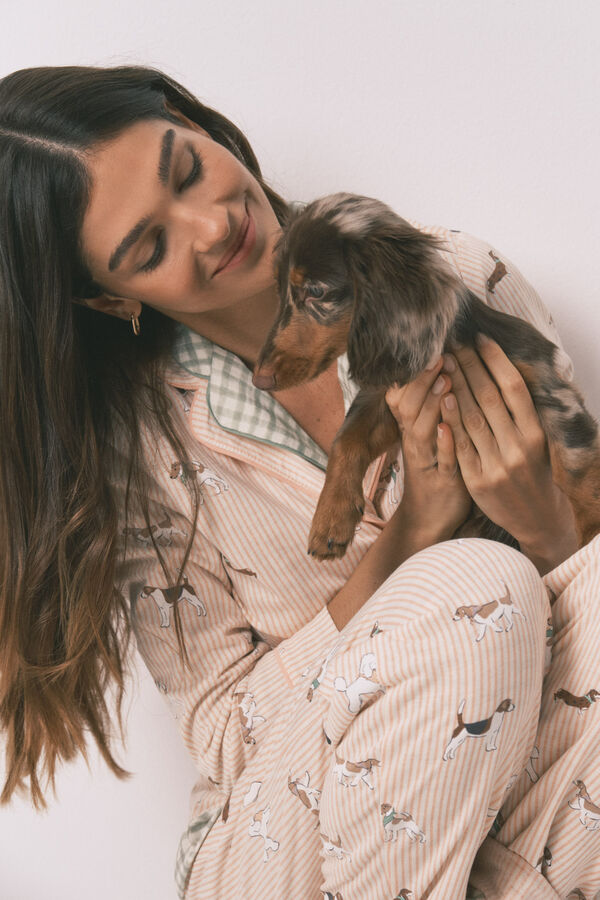 Women'secret Pijama camisero largo 100% algod&oacute;n estampado rayas y perritos naranja