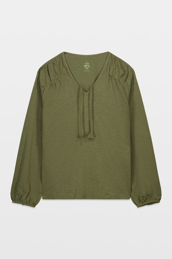 Women'secret Camiseta manga larga algod&oacute;n frunce verde kaki