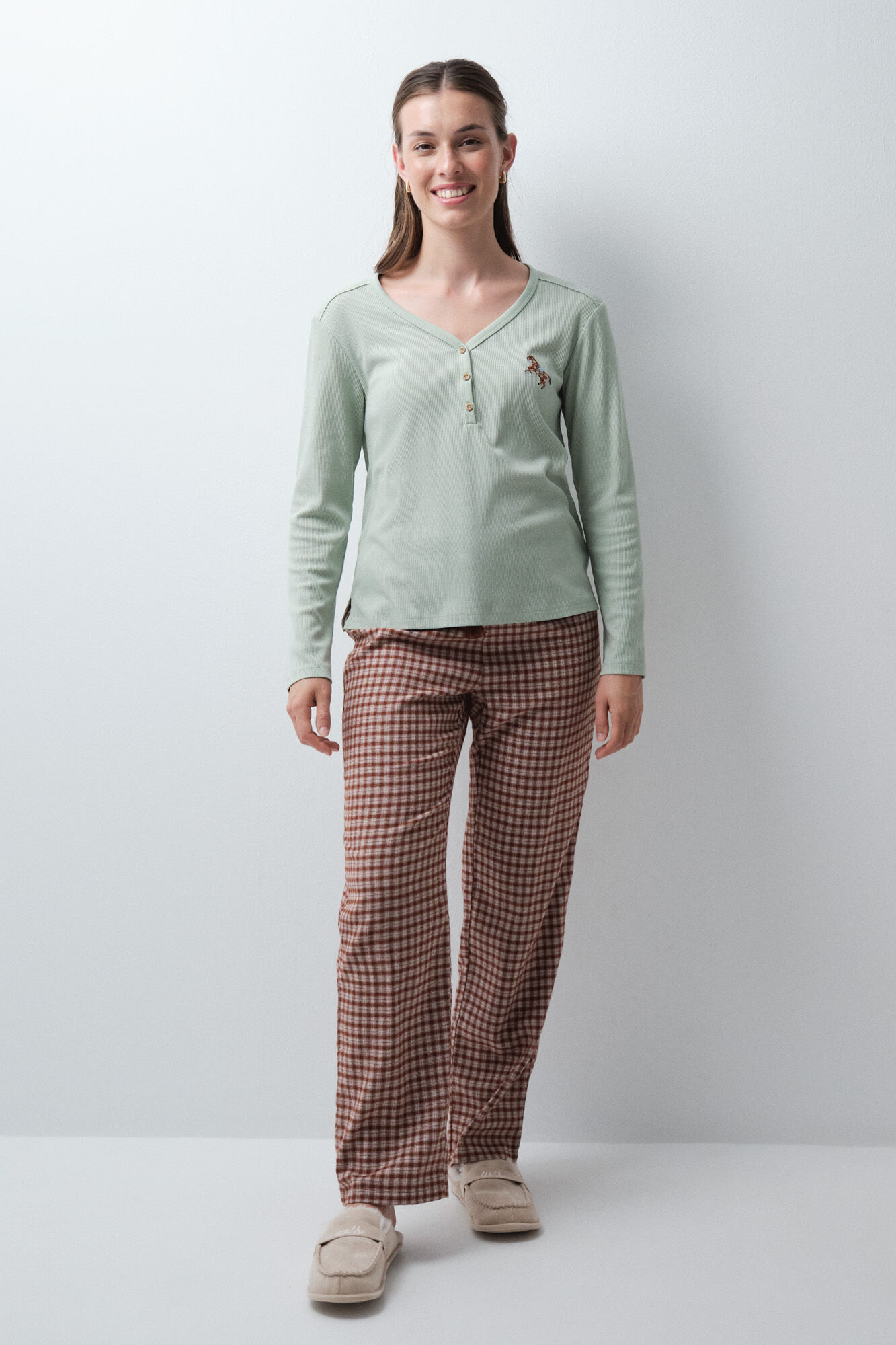 Women'secret Pantal&oacute;n largo cuadros marr&oacute;n