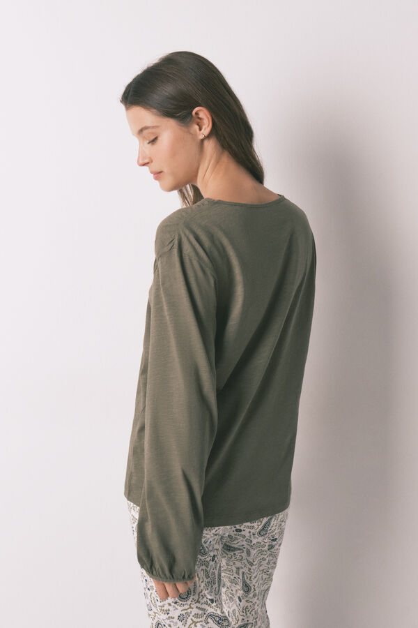 Women'secret Camiseta manga larga algod&oacute;n frunce verde kaki