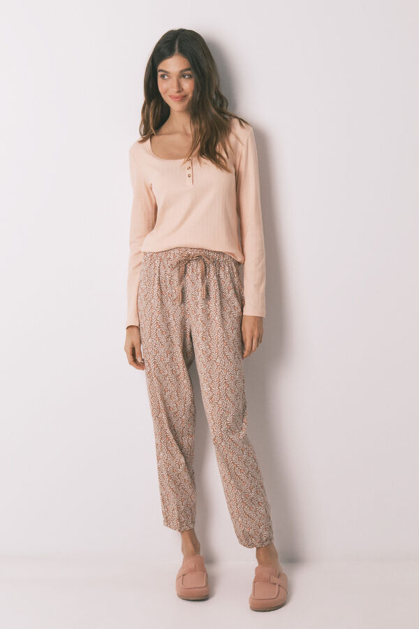 Women'secret Pijama largo algod&oacute;n estampado flores rosa naranja