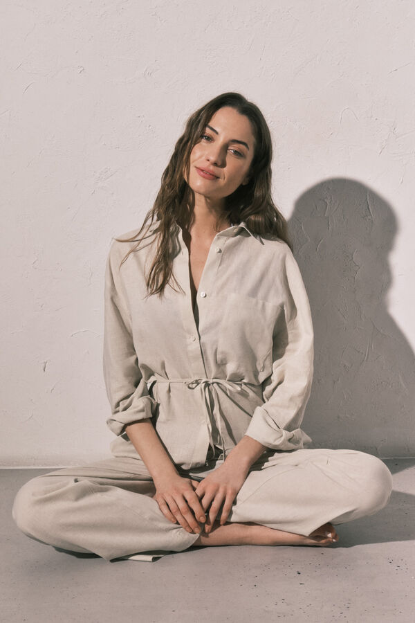 Women'secret Camisa manga larga lino blanca nude