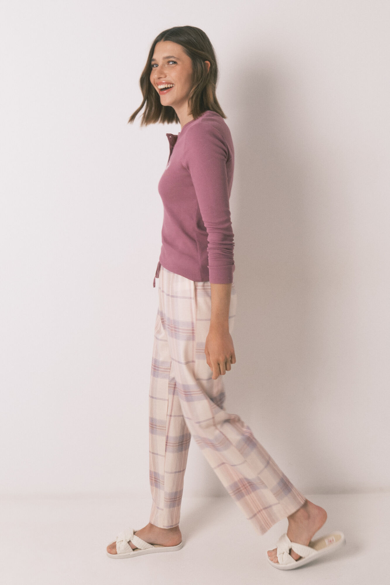 Women'secret Pijama largo algod&oacute;n estampado cuadros rosa