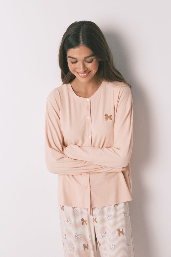 Women'secret Pijama largo punto suave rosa estampado perritos naranja