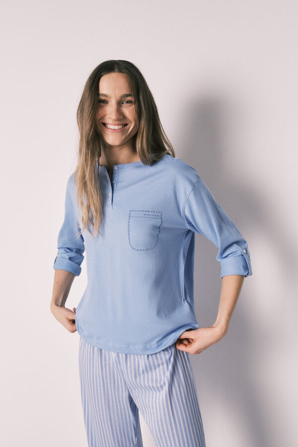 Women'secret Pijama largo algod&oacute;n pantal&oacute;n rayas azul azul