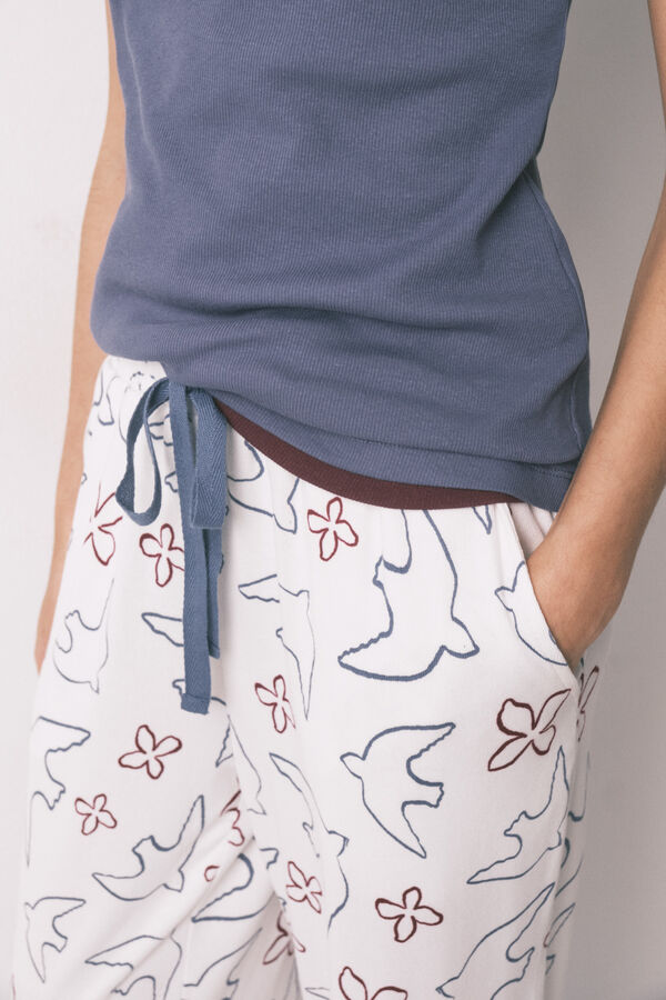 Women'secret Pantal&oacute;n largo blanco estampado p&aacute;jaros blanco