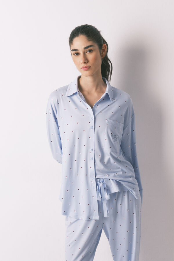 Women'secret Pijama camisero largo azul estampado puntos estampado