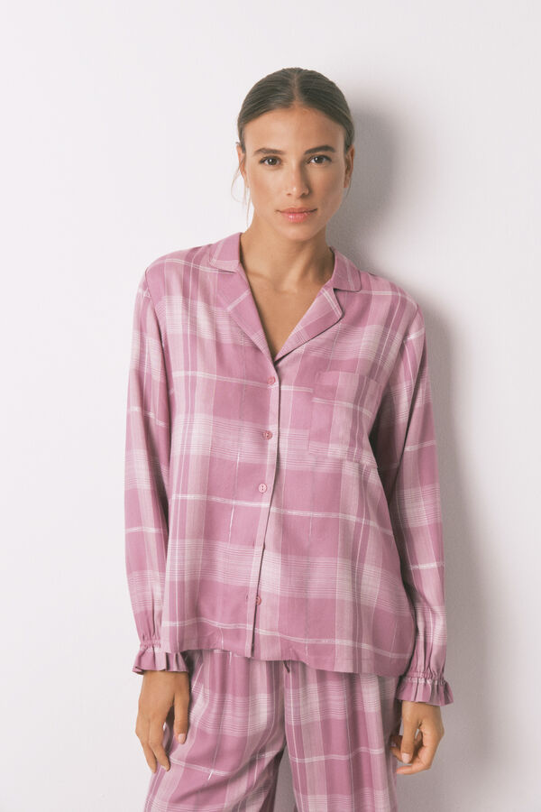 Women'secret Pijama camisero largo  viscosa cuadros rosa rosa