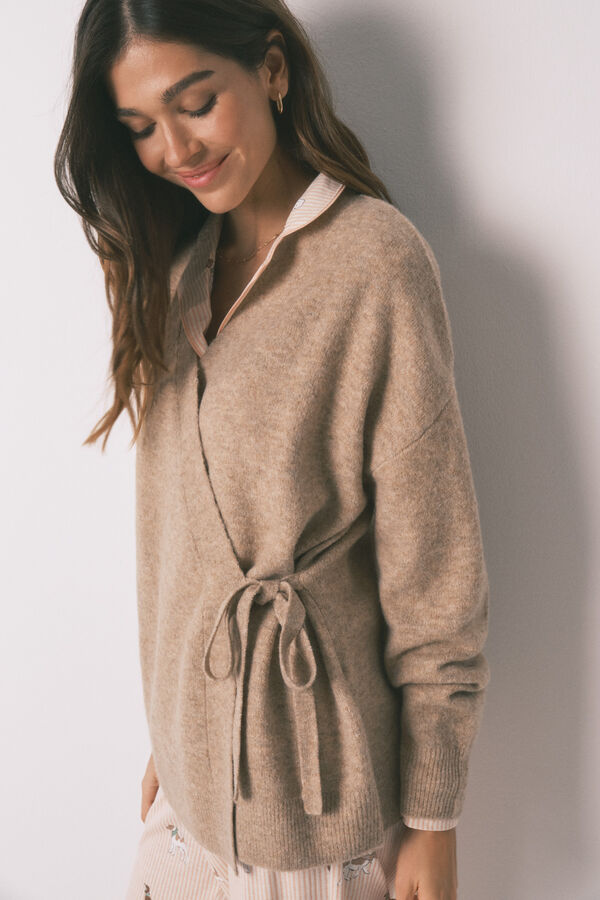 Women'secret C&aacute;rdigan liso punto tricot beige marr&oacute;n