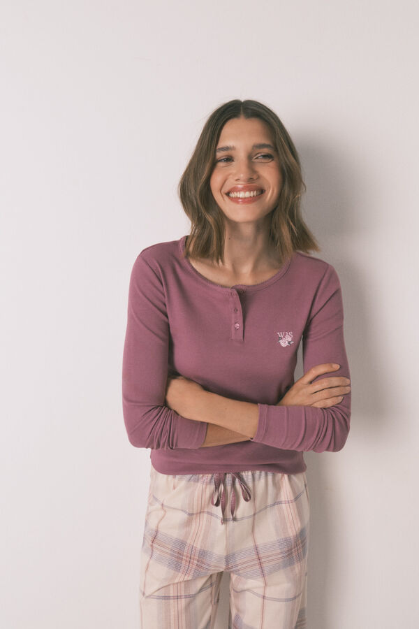 Women'secret Pijama largo algod&oacute;n estampado cuadros rosa rosa