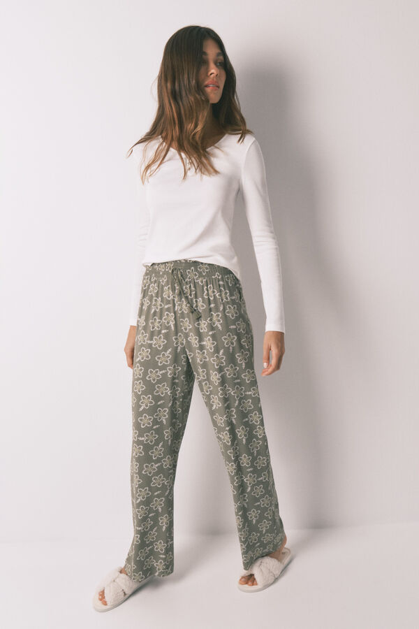Women'secret Pantalón largo viscosa flores kaki  kaki