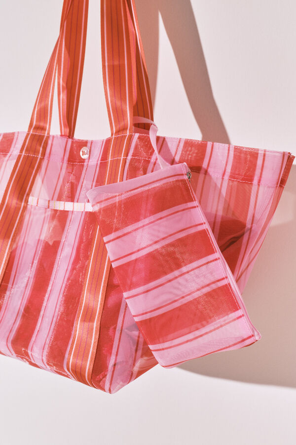 Women'secret Bolso grande mesh rayas rosa y naranja estampado