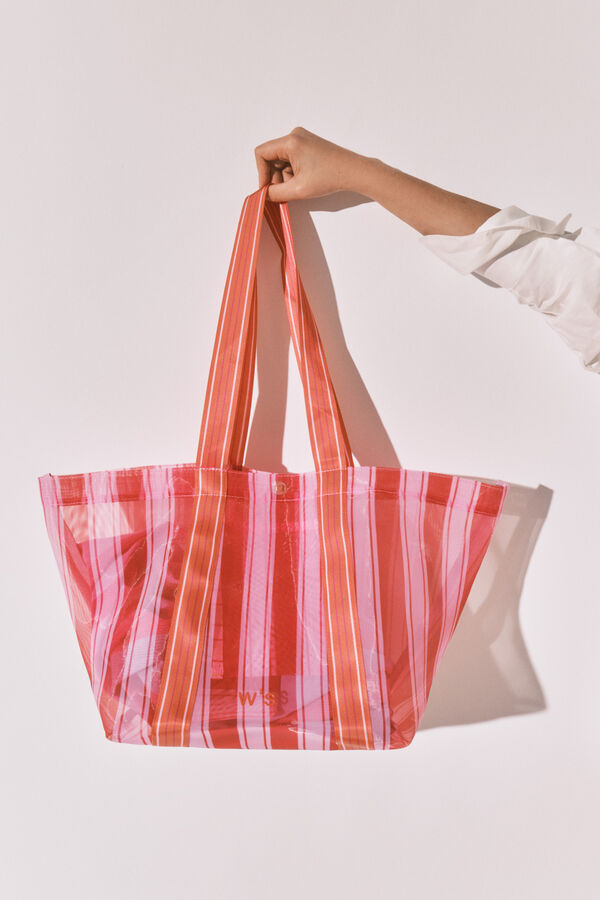 Women'secret Bolso grande mesh rayas rosa y naranja estampado