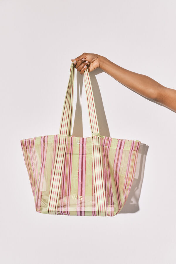 Women'secret Bolso grande mesh rayas verde y rosa estampado