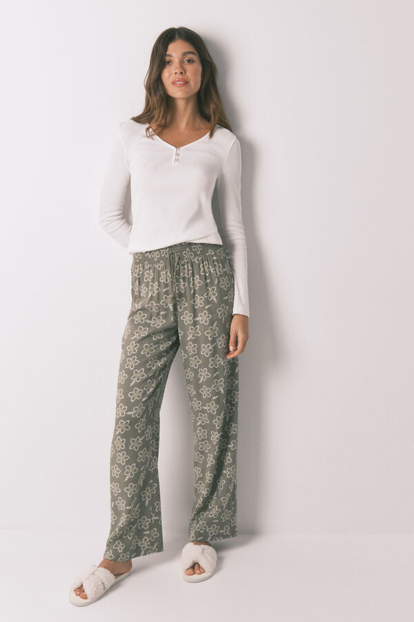 Women'secret Pantalón largo viscosa flores kaki  kaki
