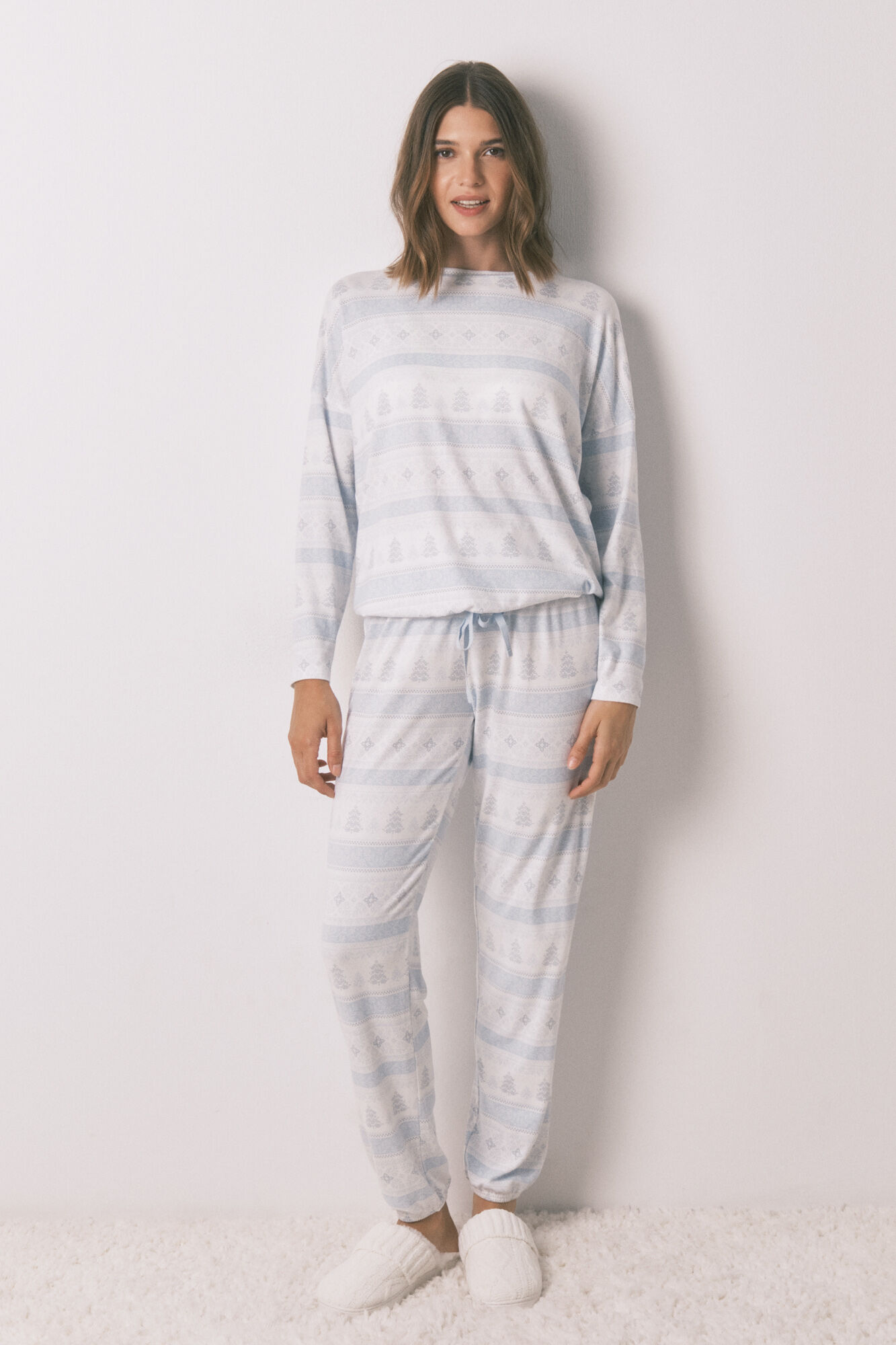 Women'secret Pijama largo punto suave cenefas azul