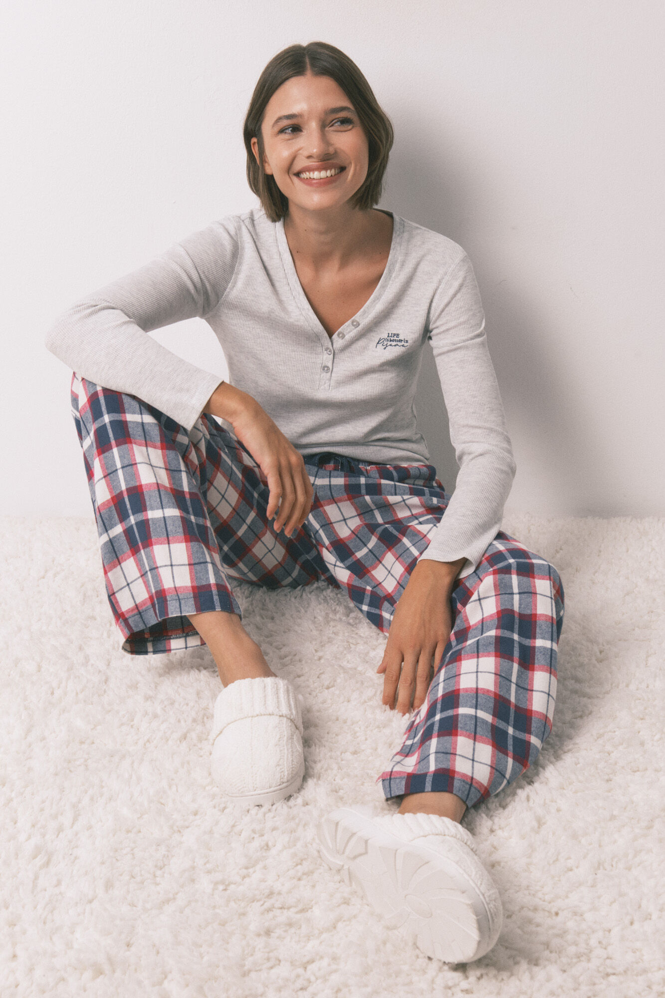 Women'secret Pantal&oacute;n largo 100% algod&oacute;n franela cuadros azul