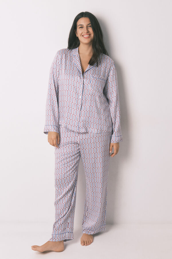 Women'secret Pijama camisero largo sat&eacute;n print geom&eacute;trico burdeos