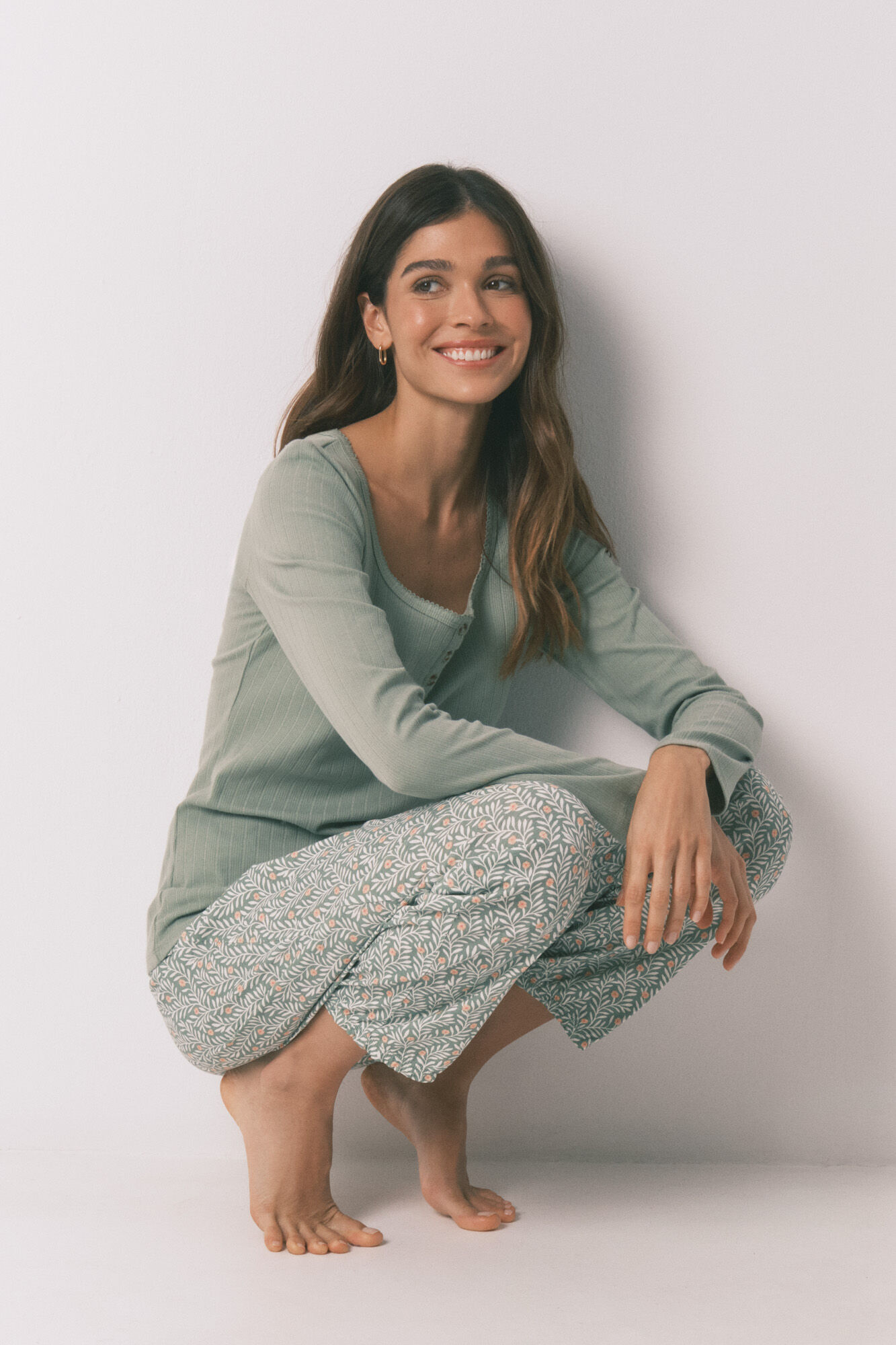 Women'secret Pijama largo algod&oacute;n estampado flores verde
