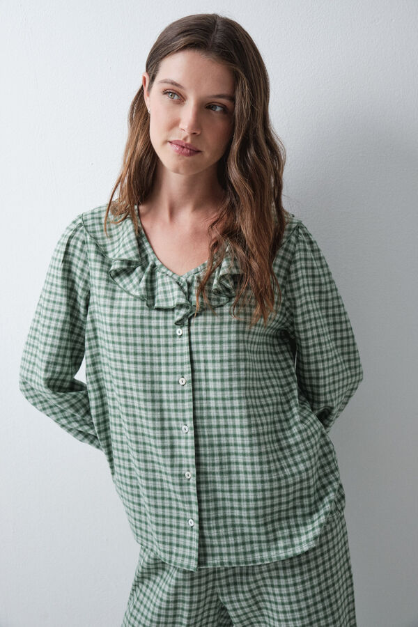 Women'secret Pijama largo camisero cuadros volantes verde