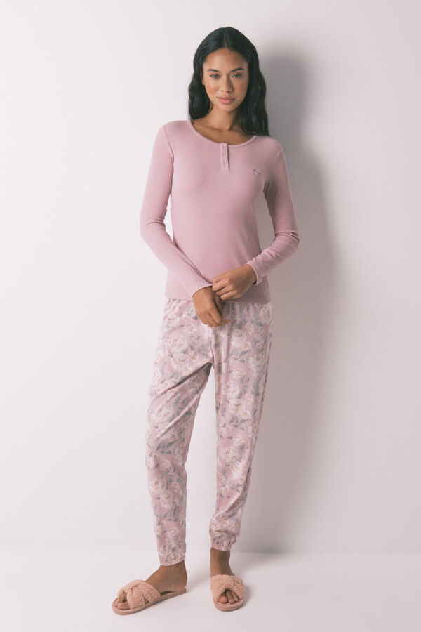 Women'secret Pijama largo algod&oacute;n estampado floral rosa rosa