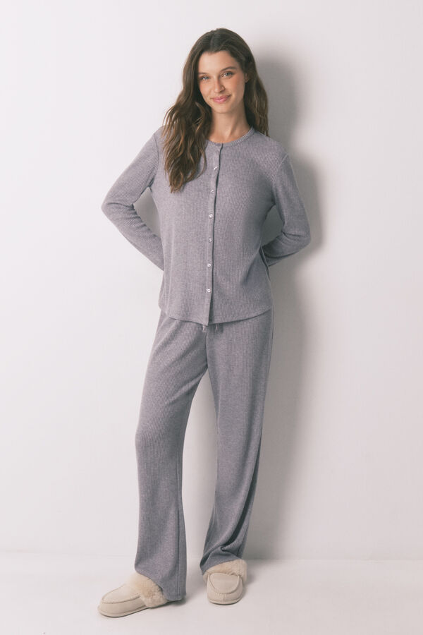 Women'secret Pijama largo canal&eacute; suave gris brillo gris