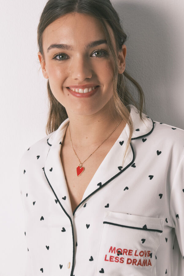 Women'secret Pijama camisero largo estampado corazones blanco