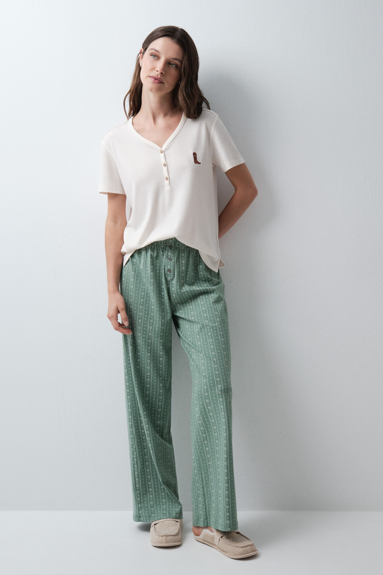 Women'secret Pantal&oacute;n largo algod&oacute;n flores verde