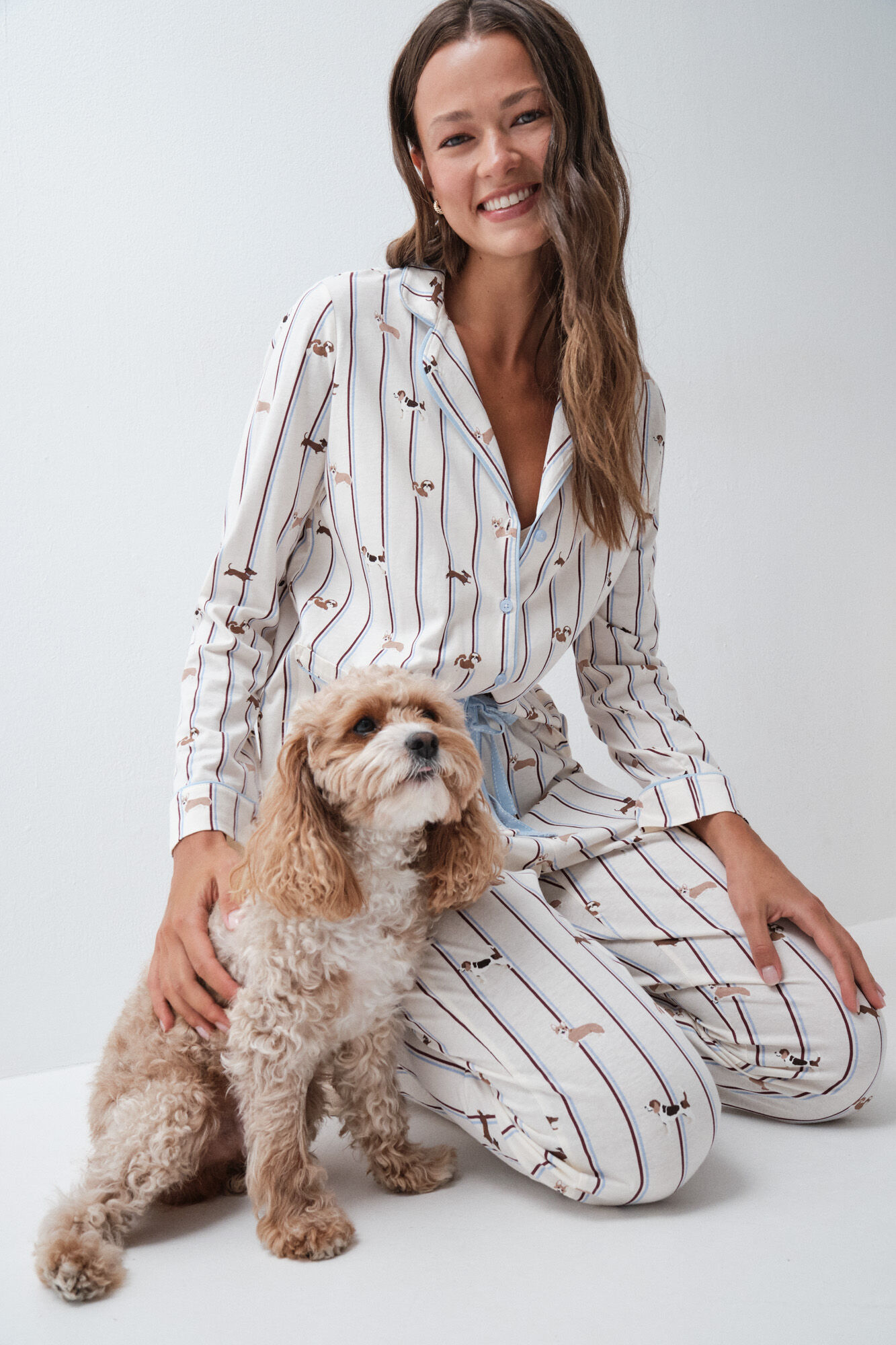 Women'secret Pijama largo camisero rayas perros