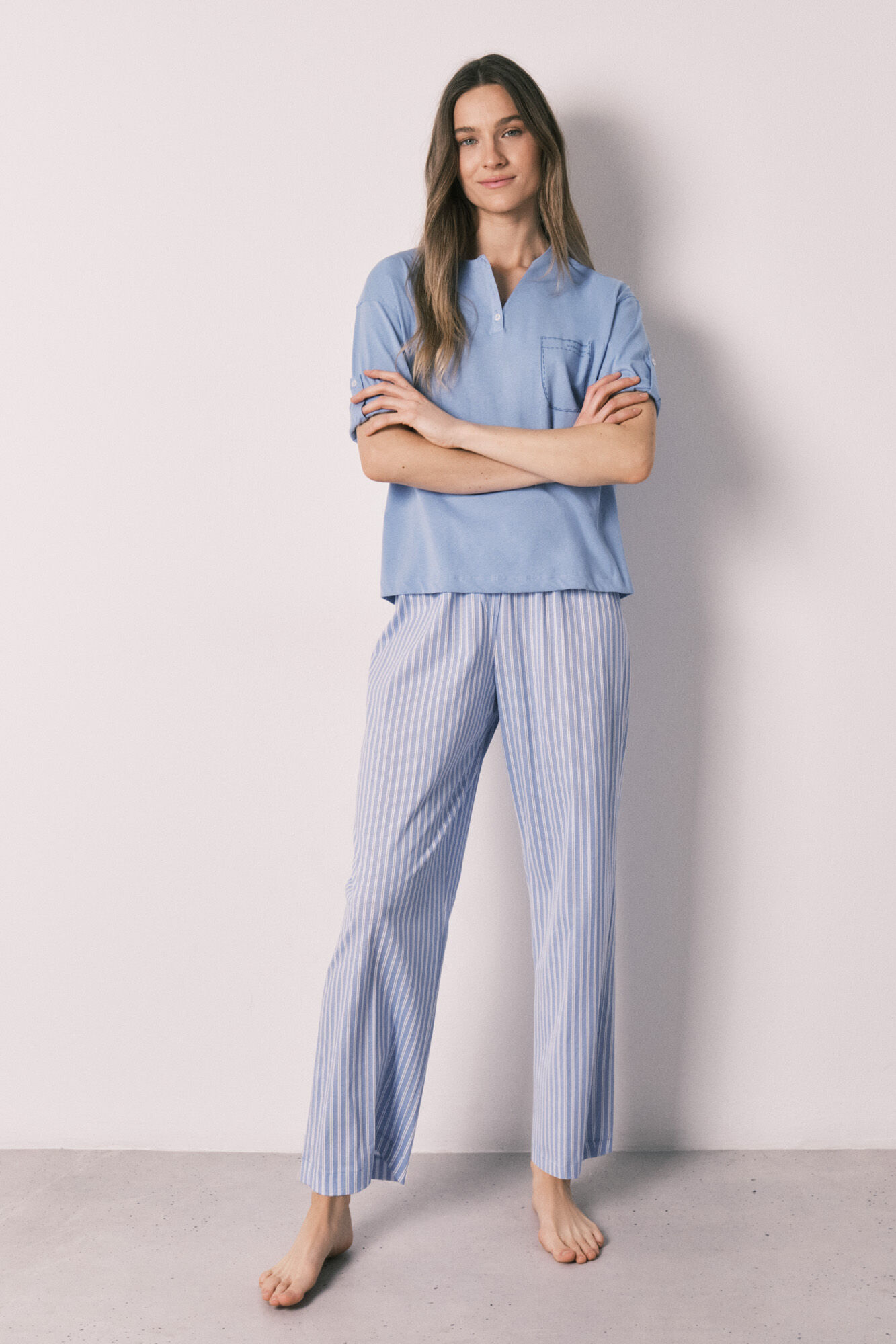 Women'secret Pijama manga corta algod&oacute;n pantal&oacute;n rayas azul