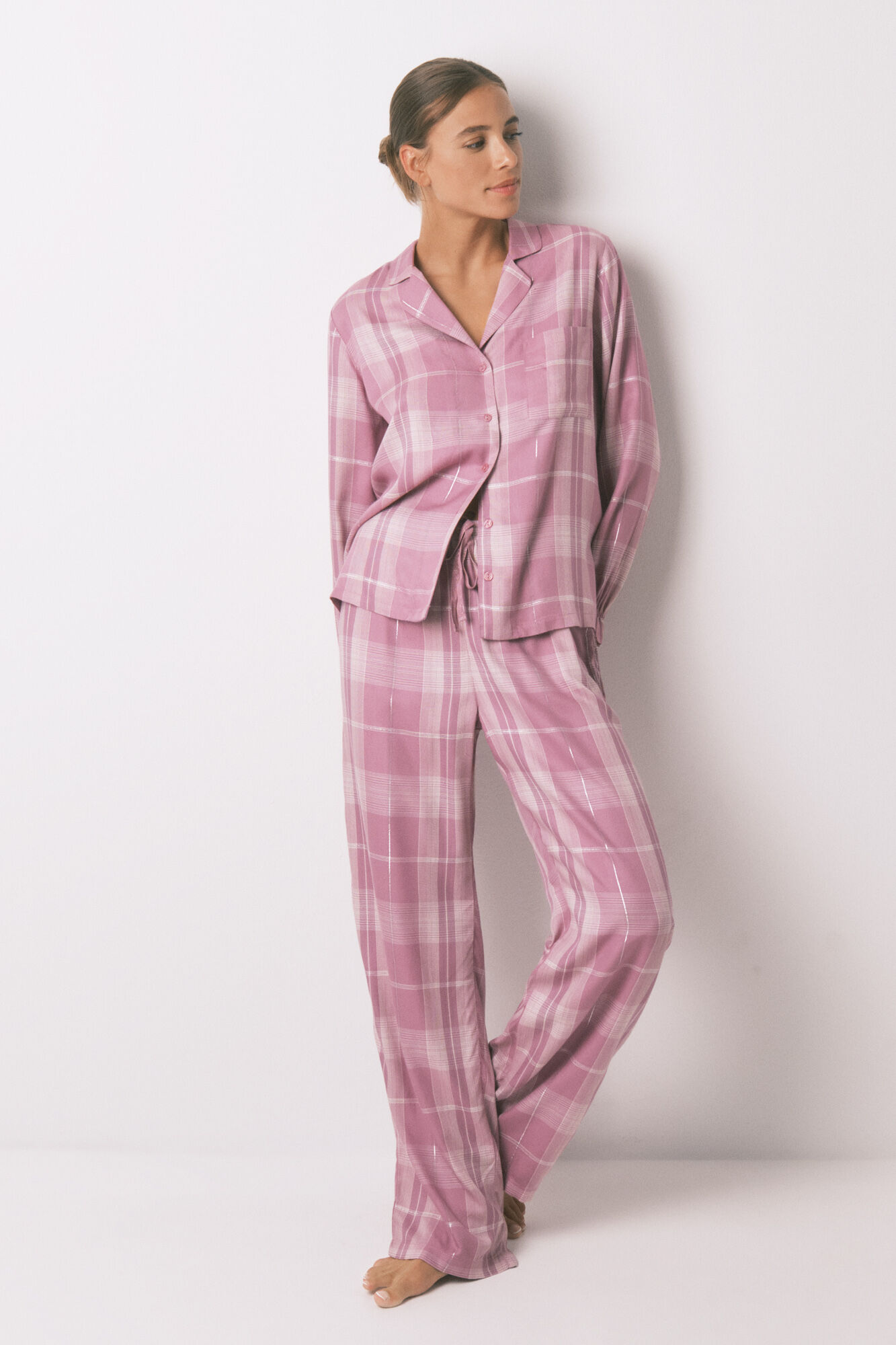 Women'secret Pijama camisero largo  viscosa cuadros rosa