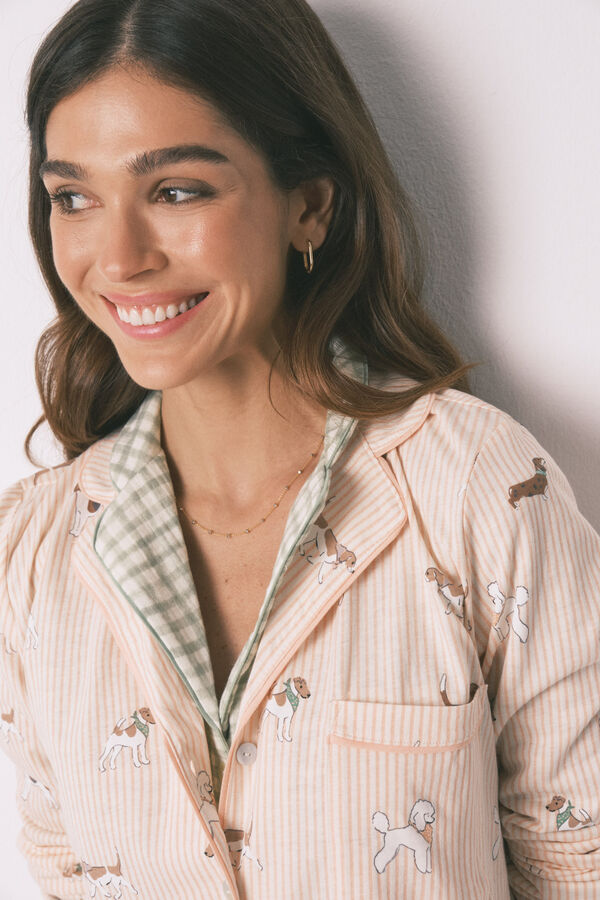 Women'secret Pijama camisero largo 100% algod&oacute;n estampado rayas y perritos naranja