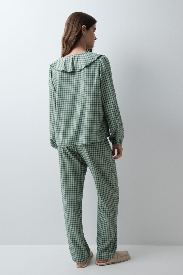 Women'secret Pijama largo camisero cuadros volantes verde