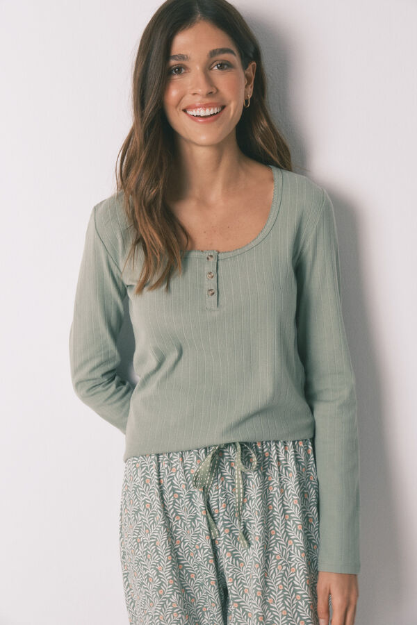 Women'secret Pijama largo algod&oacute;n estampado flores verde verde