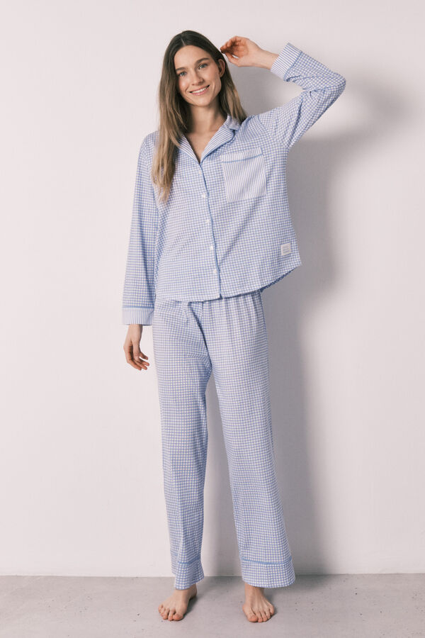 Women'secret Pijama camisero largo cuadros Vichy azul algod&oacute;n azul