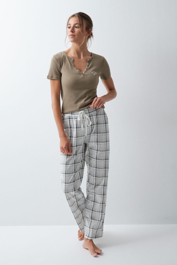 Women'secret Pantal&oacute;n largo algod&oacute;n cuadros blanco