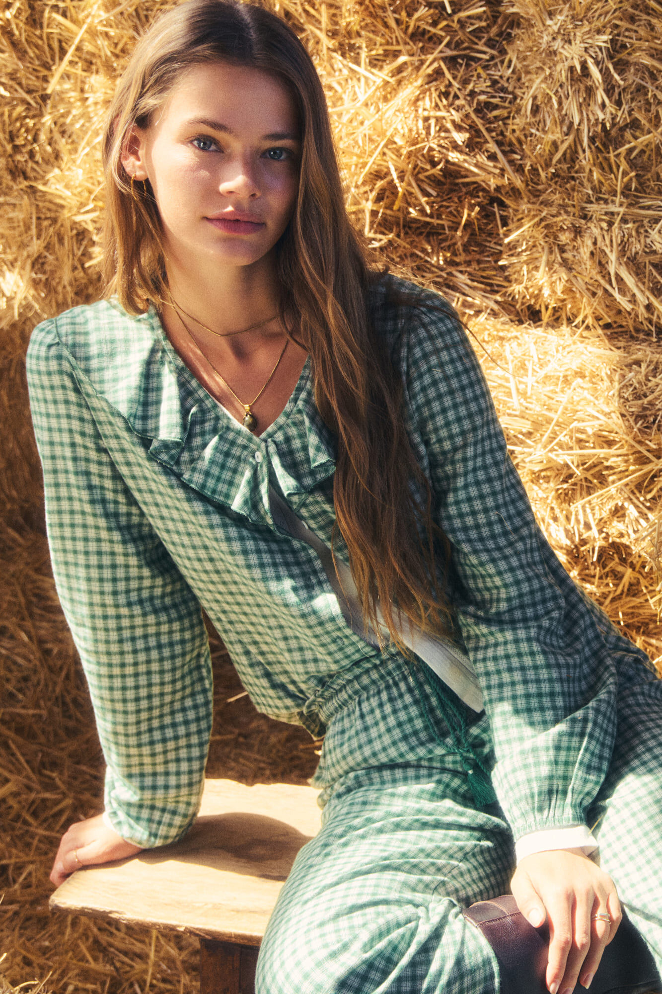 Women'secret Pijama largo camisero cuadros volantes