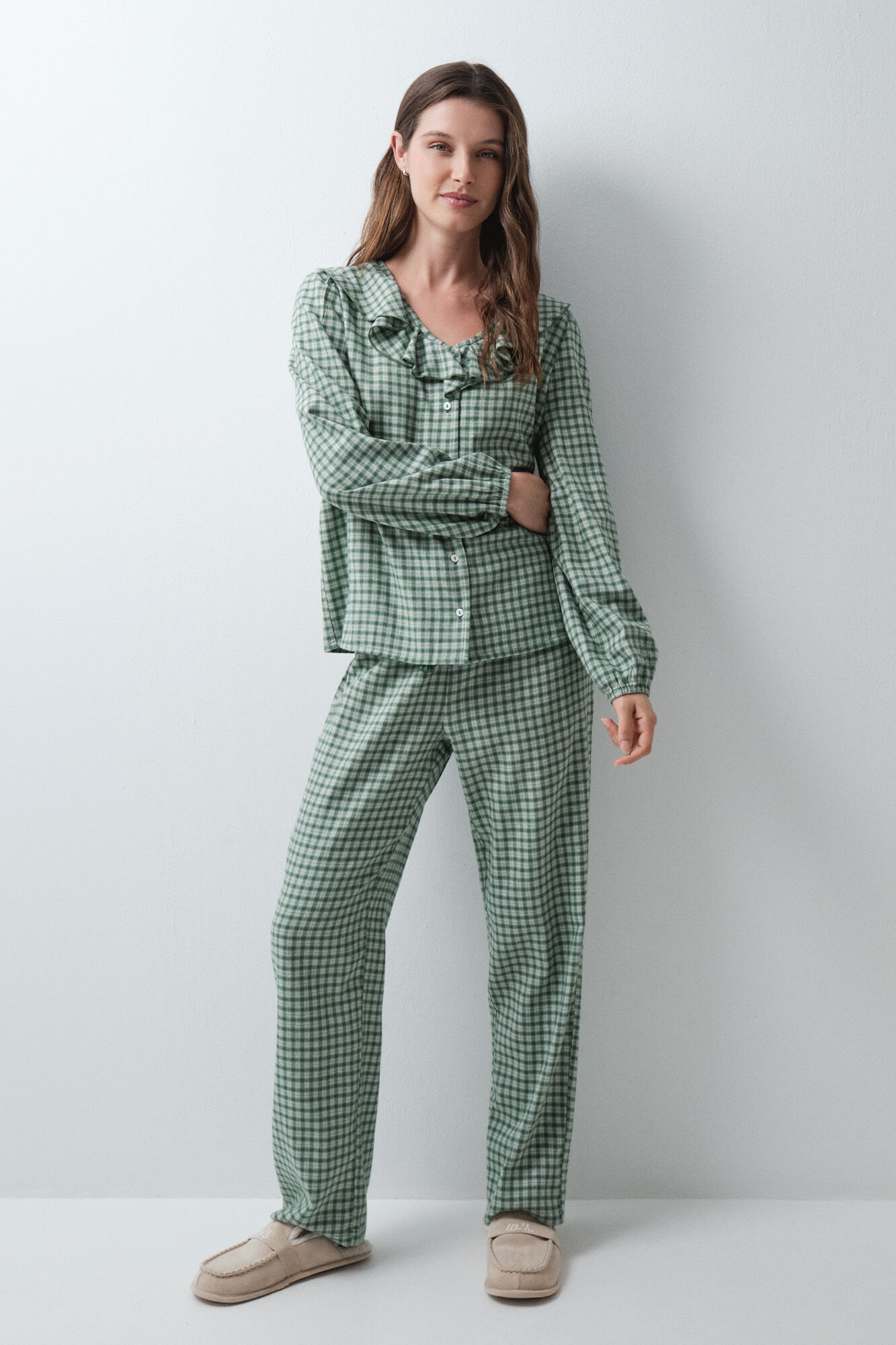 Women'secret Pijama largo camisero cuadros volantes