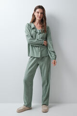 Women'secret Pijama largo camisero cuadros volantes verde